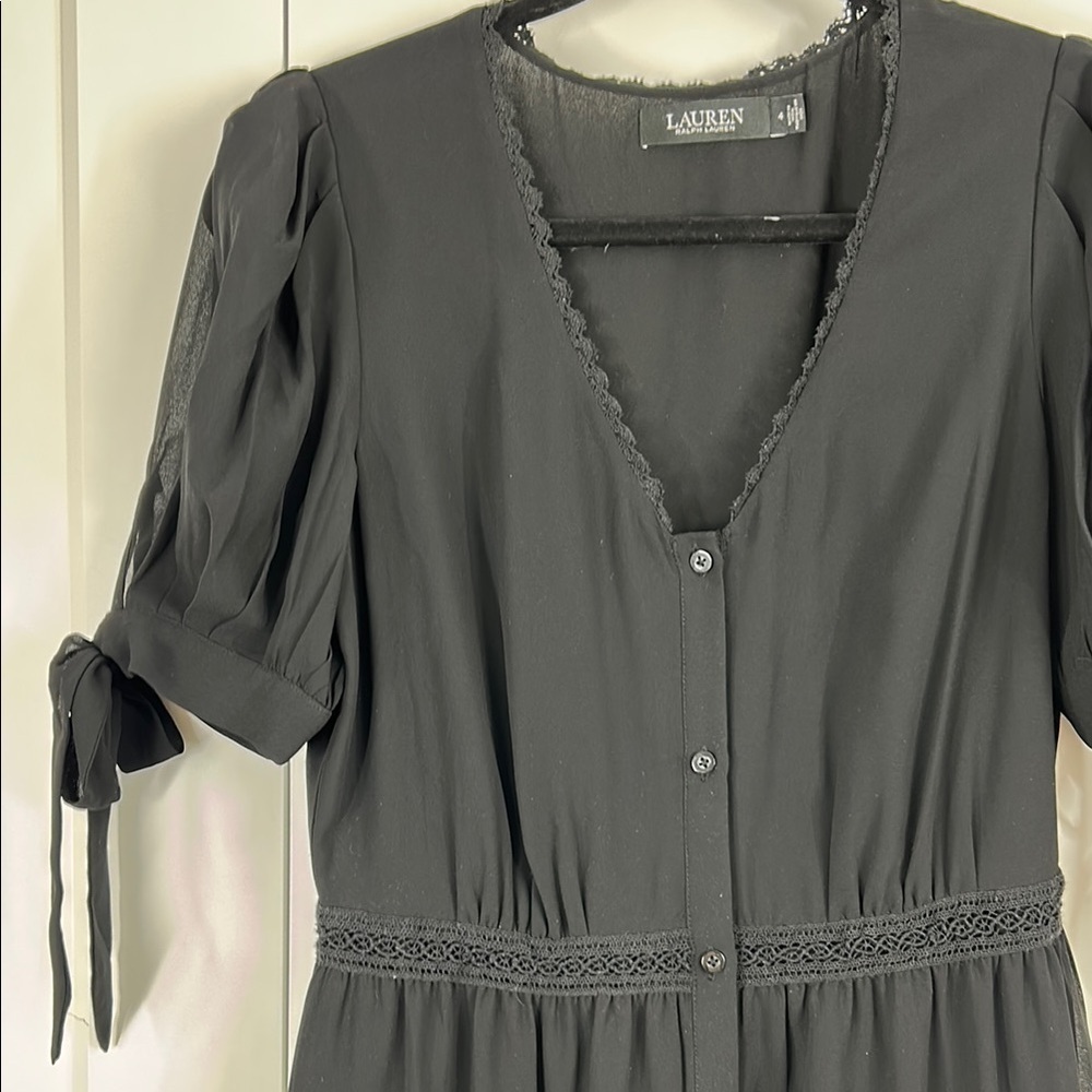 Ralph Lauren Black Puff Sleeve V-Neck Dress | 4 - Picture 4 of 6